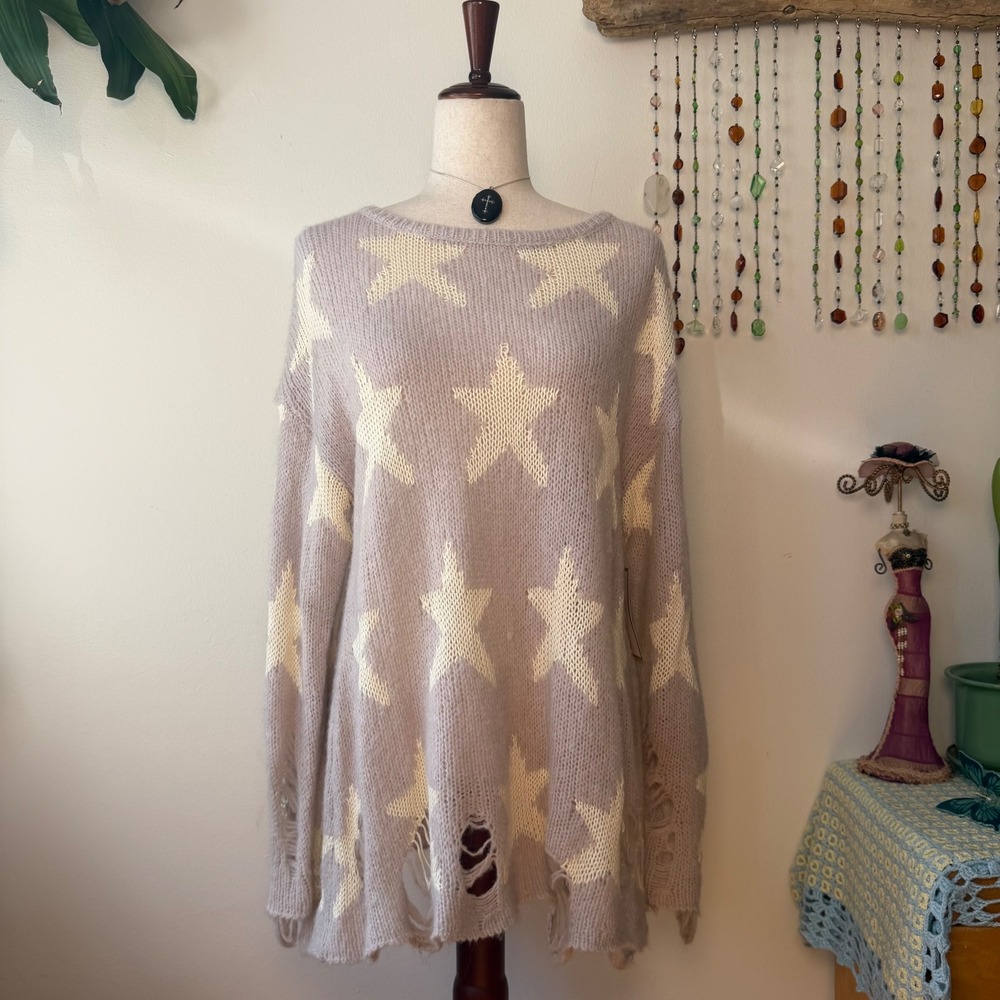 NWT Wildfox White Label Seeing Stars Distressed Sweater Mauve Grey Y2K WIL315F19